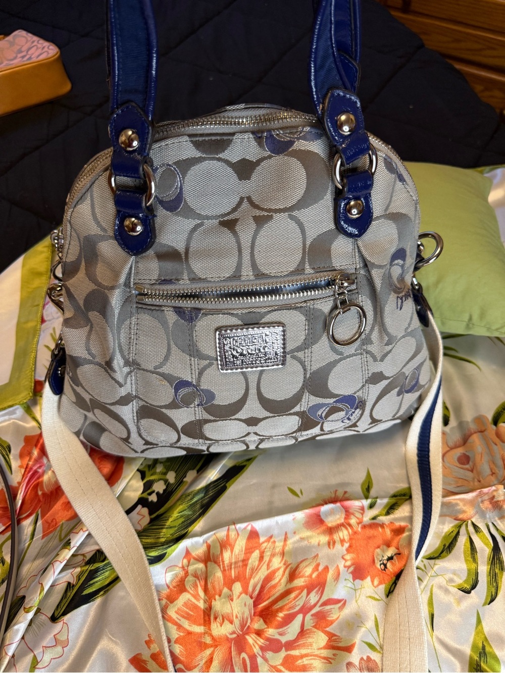 Coach Poppy Signature Dome Satchel Gray Blue Monogram Crossbody Bag